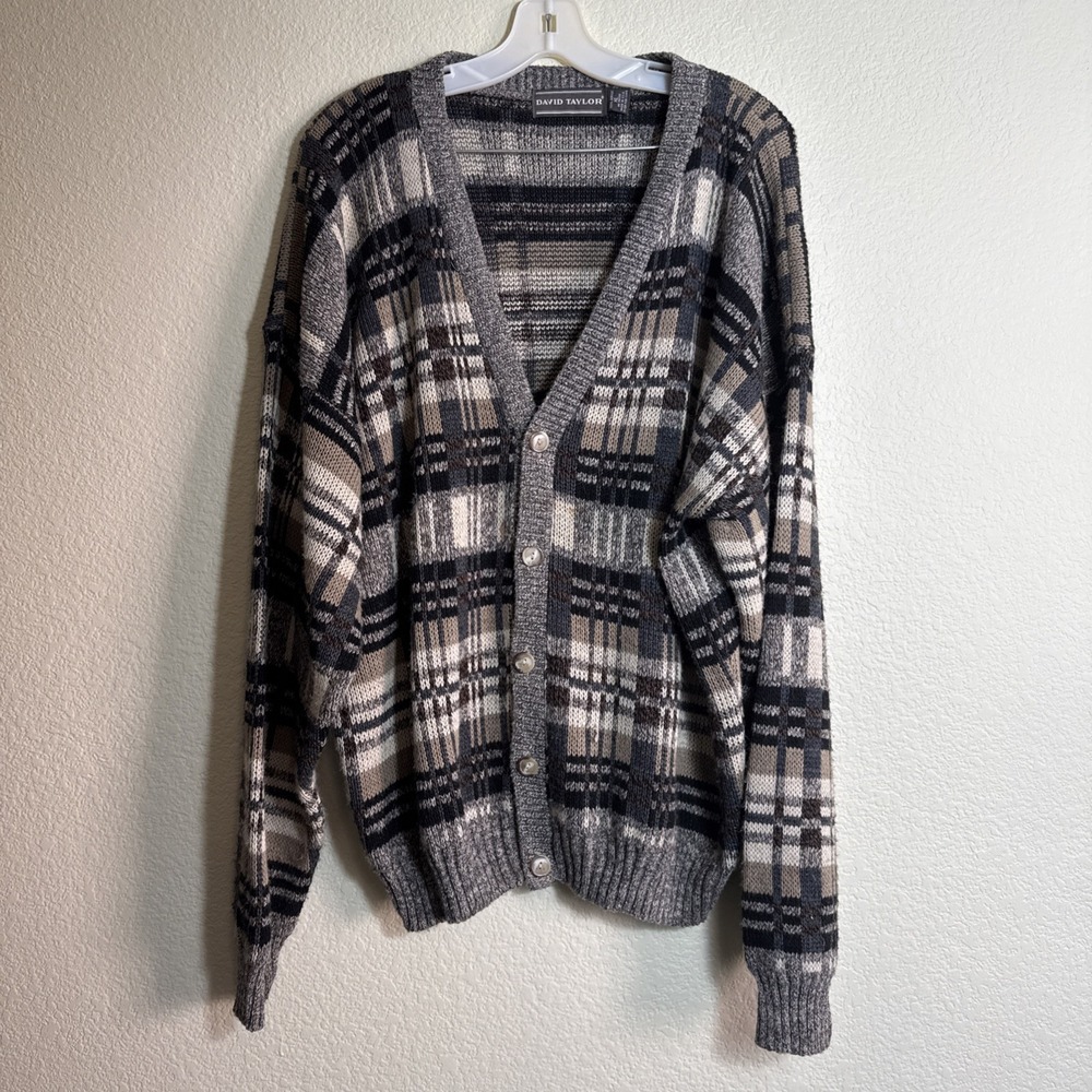 David Taylor‎ Sweater Mens XL Geometric Knit V Neck Grandpacore Grunge Retro Vtg